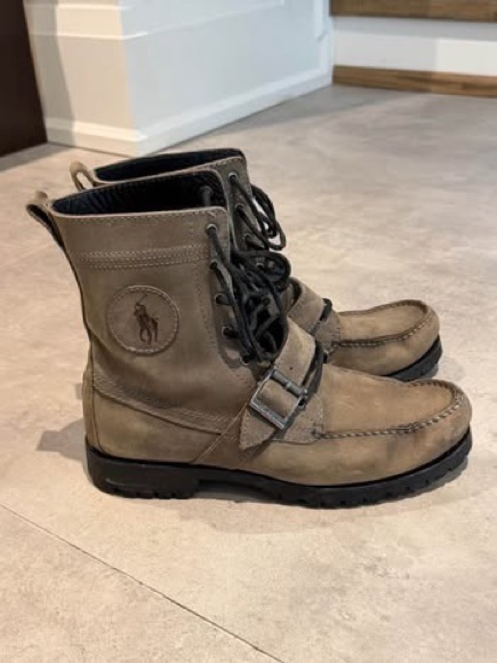 Polo by Ralph Lauren Men’s Taupe/Brown Leather Lace-Up Buckle Boots